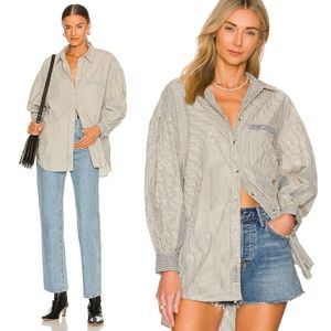 Free People Happy Hour Oversized Distressed Button Up Oxford Shirt XL Poplin